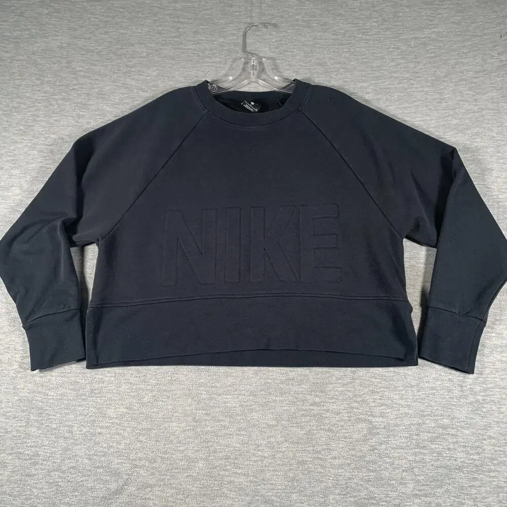 Nike Sweatshirt Womens Small Black Dri-FIT Crewneck Raglan Logo Pullover Cropped